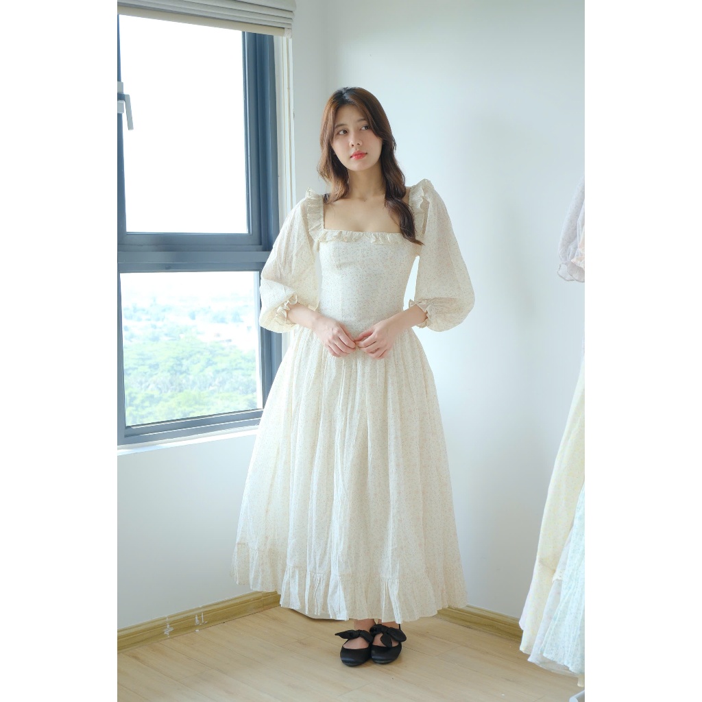 Đầm Bellie dáng dài tay bồng hoa nhí vintage cho nữ