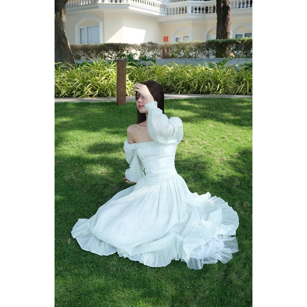 Đầm Bellie dáng dài tay bồng hoa nhí vintage cho nữ