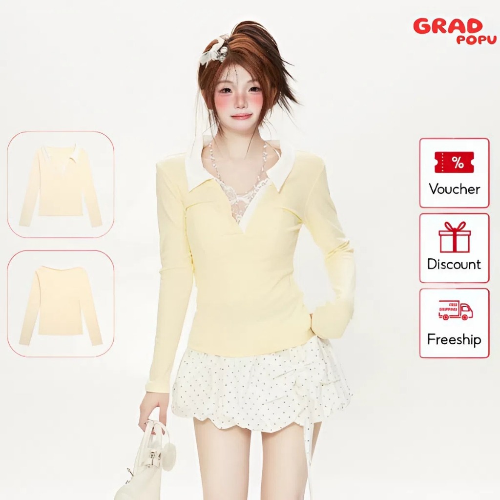 Áo thun dài tay GRADPOPU viền ren cổ chữ V màu vàng xinh xắn lớp lót tinh tế và độc đáo DT237