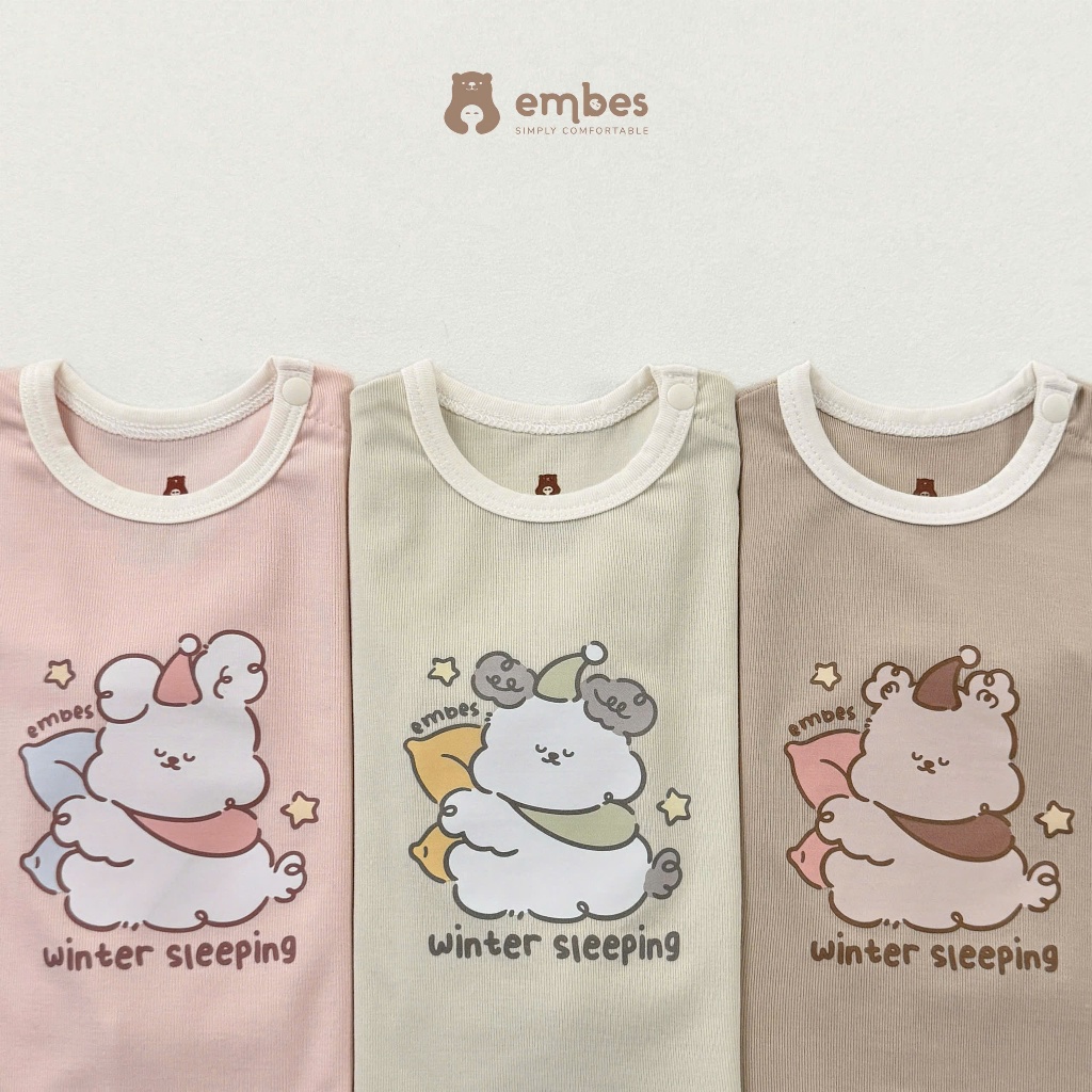 Bộ Sơ Sinh Dài Tay Embes, Bộ Dài Tay Hình In Ngực Cạp Cao Cài Cúc Cổ Chất Cotton Cho Bé Từ 0-9 Tháng