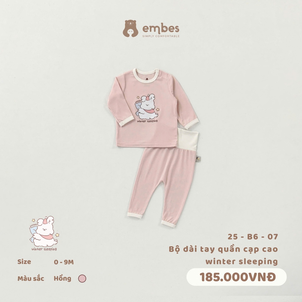 Bộ Sơ Sinh Dài Tay Embes, Bộ Dài Tay Hình In Ngực Cạp Cao Cài Cúc Cổ Chất Cotton Cho Bé Từ 0-9 Tháng