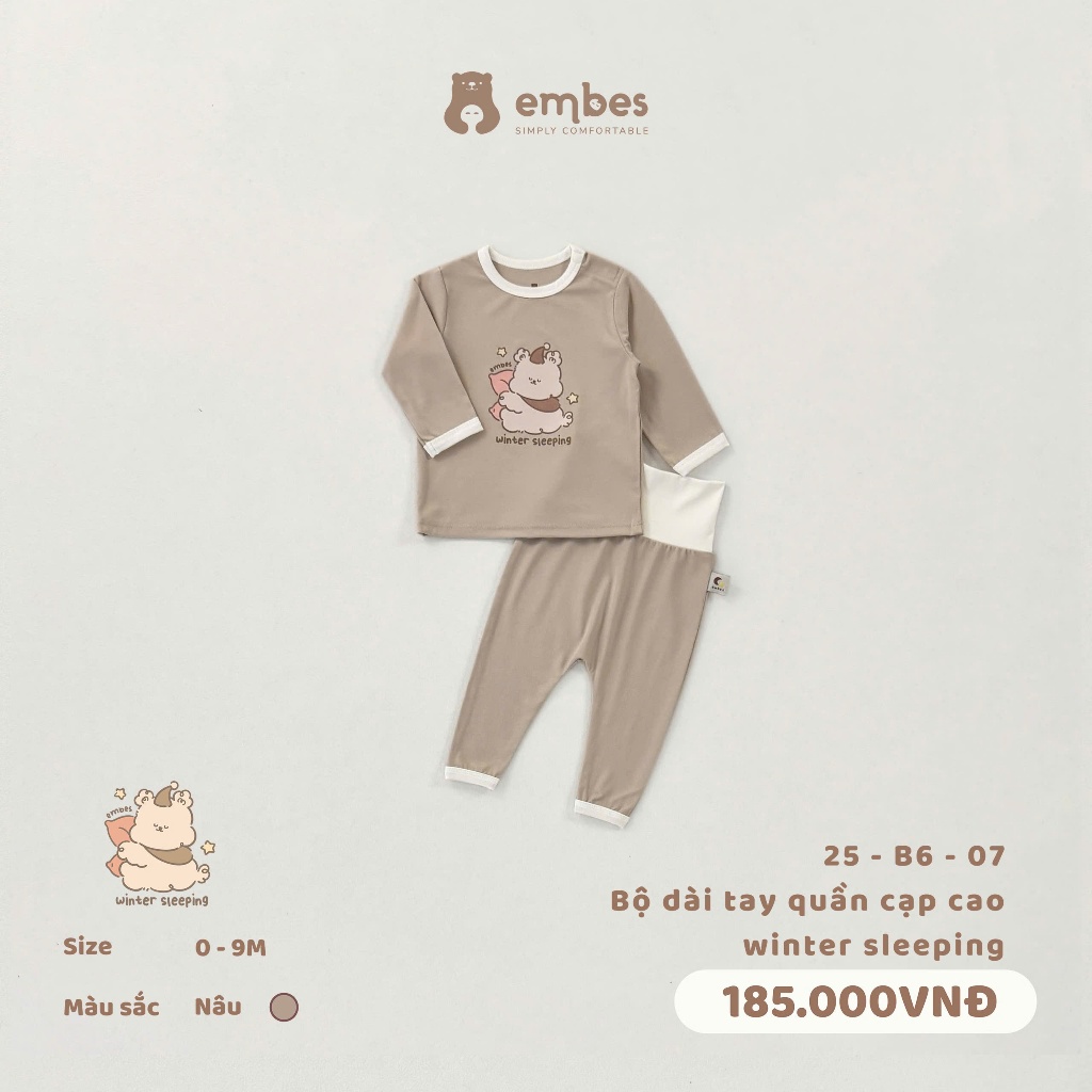 Bộ Sơ Sinh Dài Tay Embes, Bộ Dài Tay Hình In Ngực Cạp Cao Cài Cúc Cổ Chất Cotton Cho Bé Từ 0-9 Tháng
