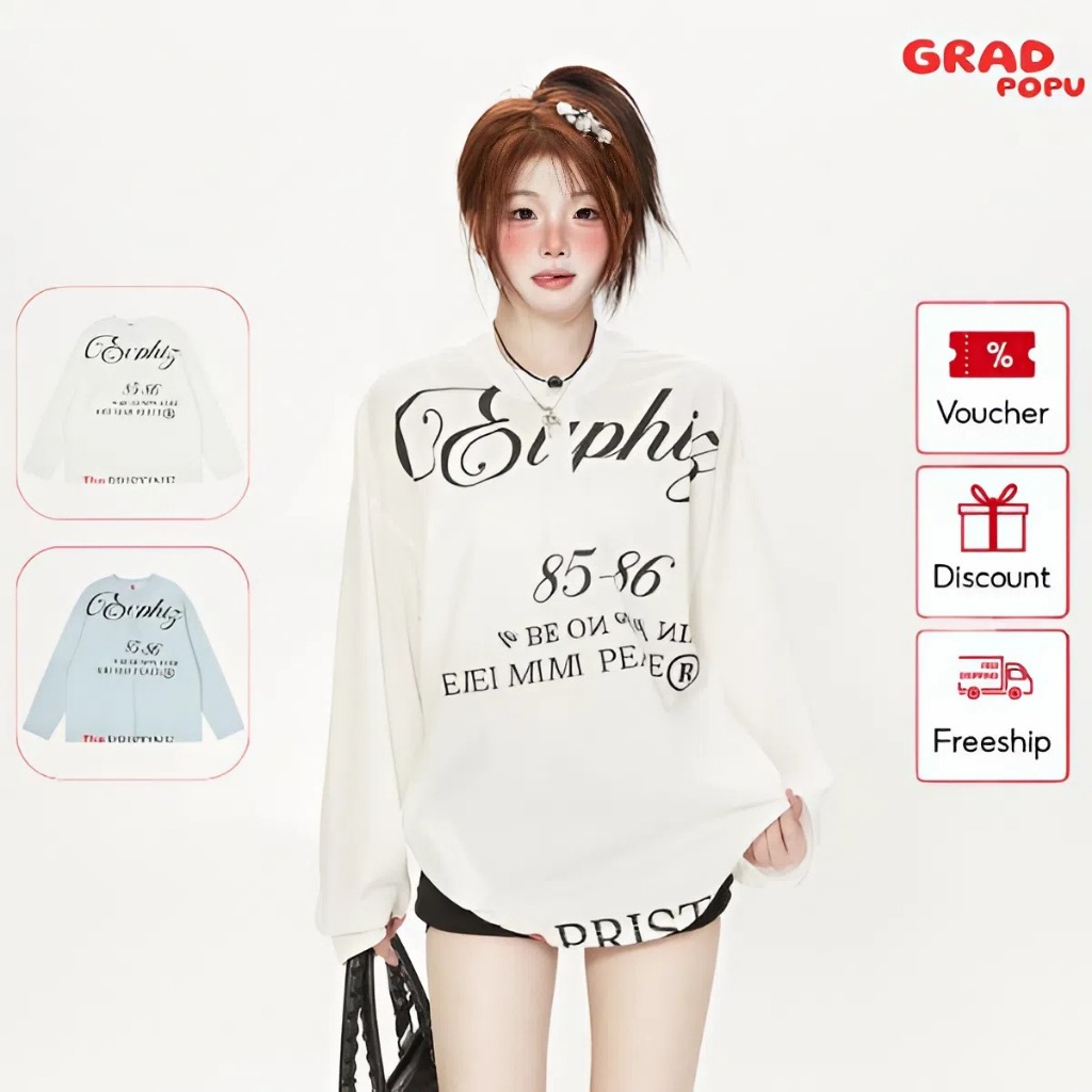 Áo thun dài tay GRẢDPOPU kiểu dáng mới cổ Henley in chữ áo dáng rộng thoải mái và dễ chịu DT238