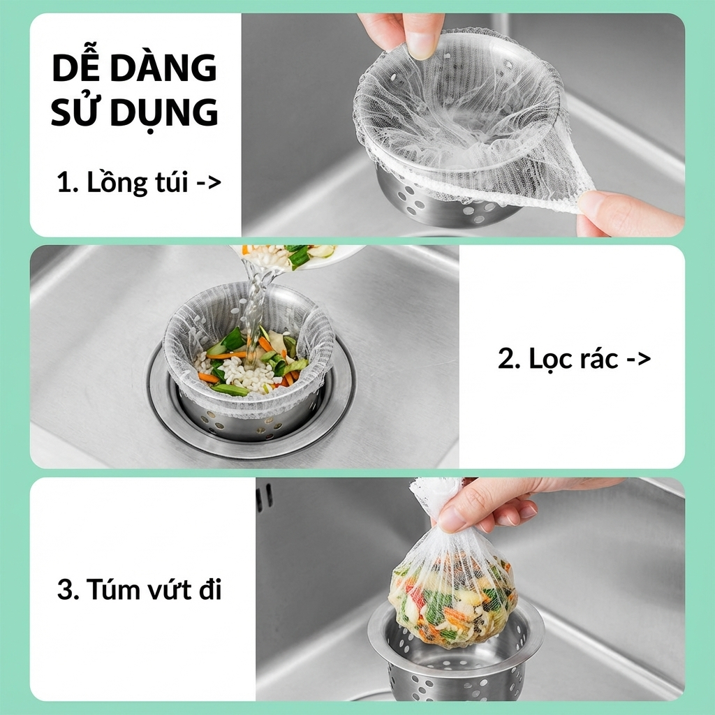 COMBO 100 Túi lọc rác bồn rửa chén bát tiện lợi, Lọc rác chống tắc cống hiệu quả giữ nhà bếp