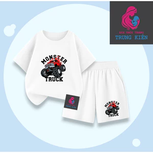 Bộ Cộc Tay Mùa Hè Cho Bé, Hình Xe Tải Đỏ Monster Truck Cá Tính, Thun Cotton Mềm Mại Thoáng Mát (M 338)