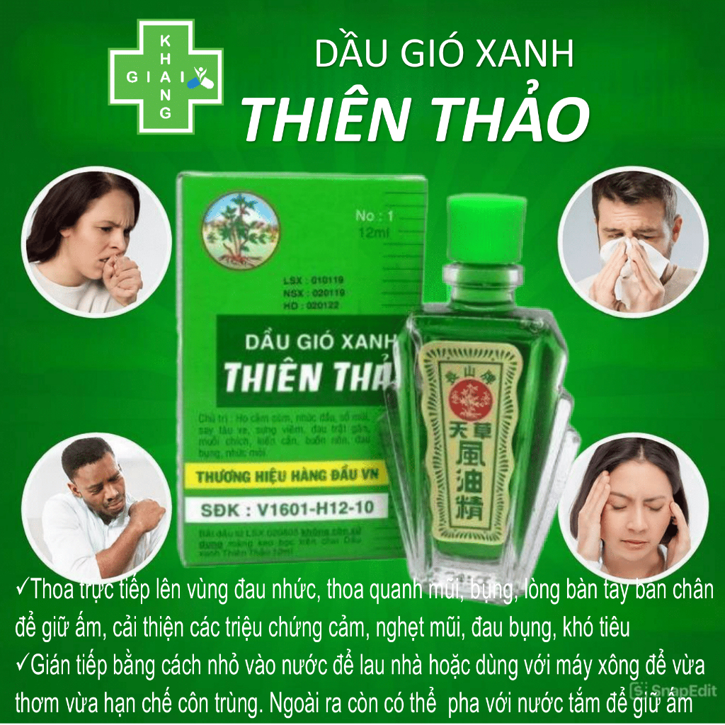 Dầu gió xanh Thiên Thảo thần dược của mọi nhà. Giúp dịu nhanh đau nhức, buồn nôn, cảm lạnh, say tàu xe (Chai 12ml)