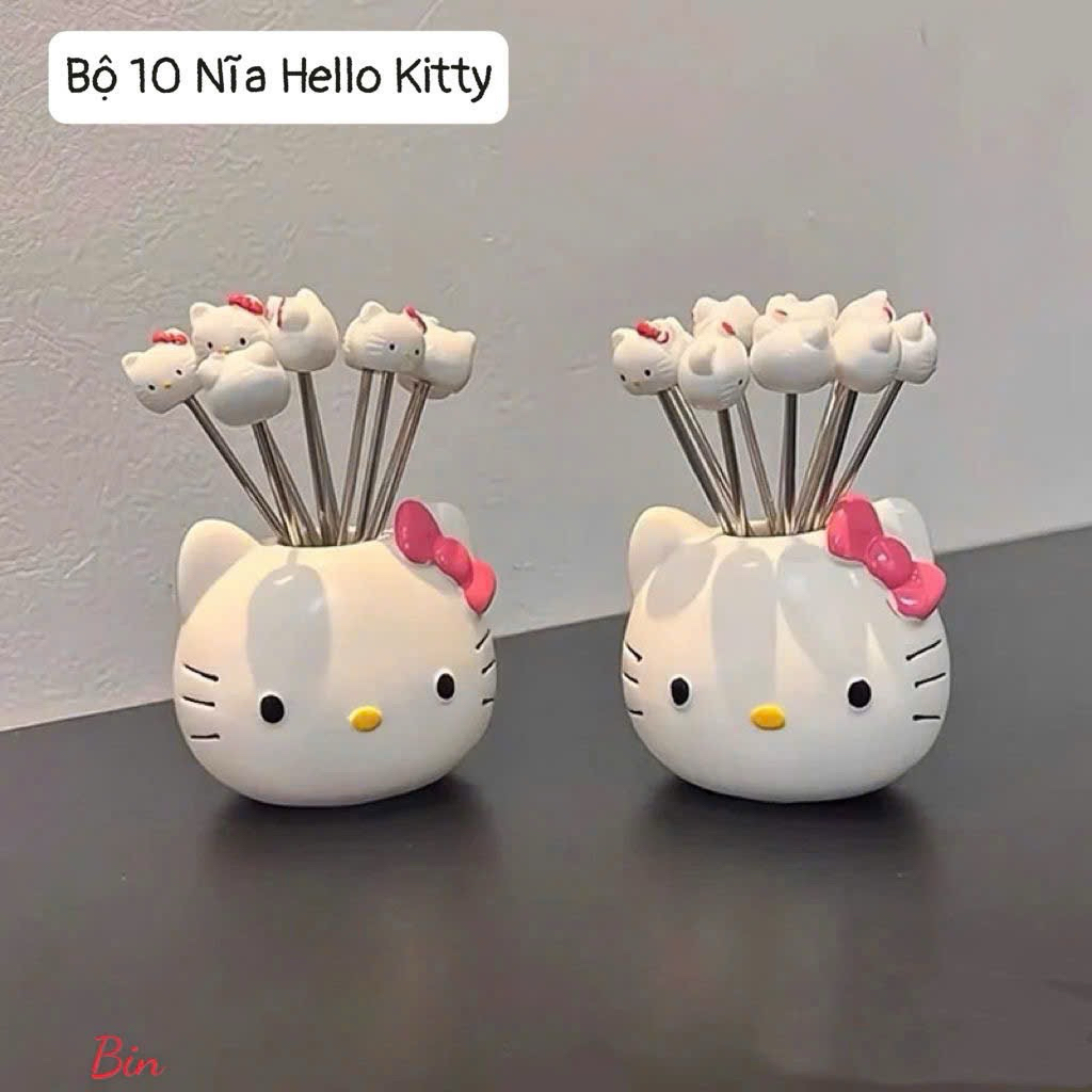 Bộ 10 Nĩa Ăn Trái Cây Hello Kitty Kèm Hũ Sứ - Inox Cao Cấp, Decor Bàn Tiệc (Mẫu Mới 2026)