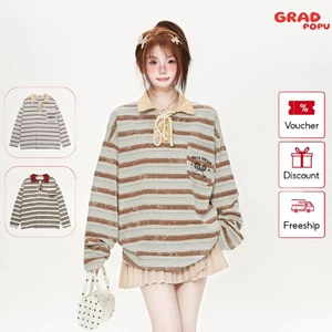 Áo thun polo dài tay GRADPOPU sọc nhuộm loang rộng rãi cổ rộng tay dài kiểu dáng trẻ trung DT242