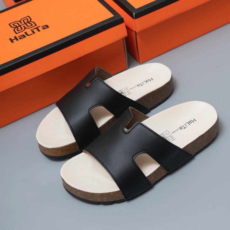 Dép Đế Trấu Chữ K Nâng Cấp HaLiTa Unisex Basic Vintage Đế Bằng Bọc Mặt Da Chống Trơn Giảm Đau Đớn Và Mỏi Chân Phom Bàn C