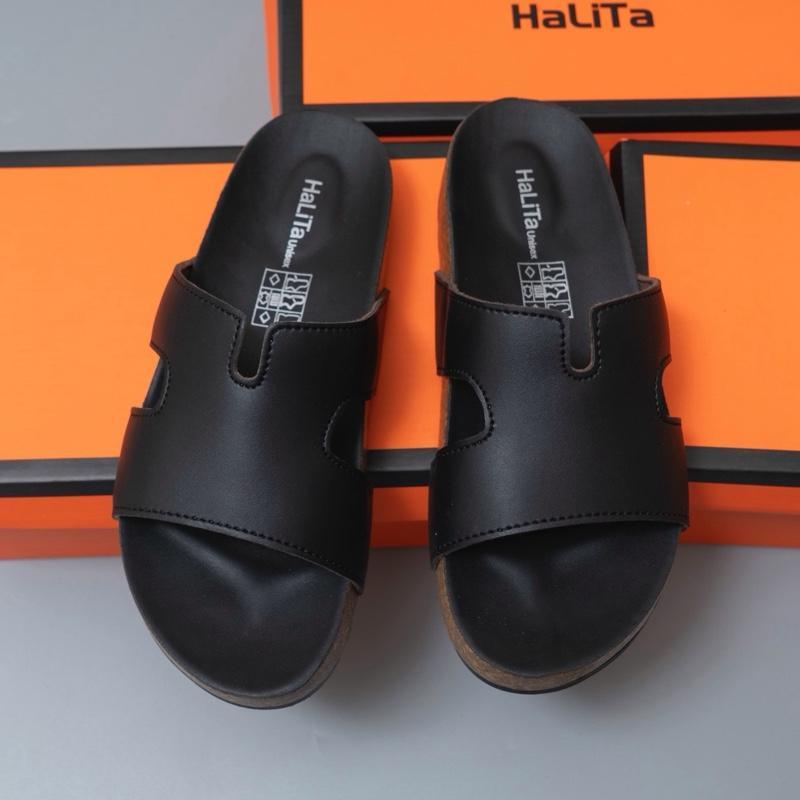 Dép Đế Trấu Chữ K Nâng Cấp HaLiTa Unisex Basic Vintage Đế Bằng Bọc Mặt Da Chống Trơn Giảm Đau Đớn Và Mỏi Chân Phom Bàn C