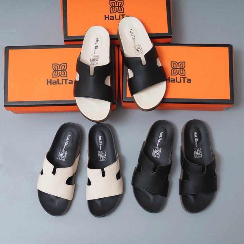 Dép Đế Trấu Chữ K Nâng Cấp HaLiTa Unisex Basic Vintage Đế Bằng Bọc Mặt Da Chống Trơn Giảm Đau Đớn Và Mỏi Chân Phom Bàn C