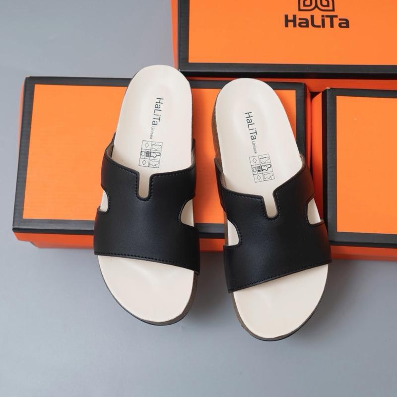 Dép Đế Trấu Chữ K Nâng Cấp HaLiTa Unisex Basic Vintage Đế Bằng Bọc Mặt Da Chống Trơn Giảm Đau Đớn Và Mỏi Chân Phom Bàn C