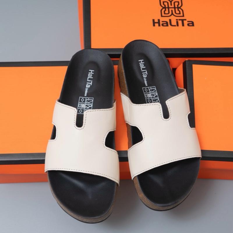 Dép Đế Trấu Chữ K Nâng Cấp HaLiTa Unisex Basic Vintage Đế Bằng Bọc Mặt Da Chống Trơn Giảm Đau Đớn Và Mỏi Chân Phom Bàn C