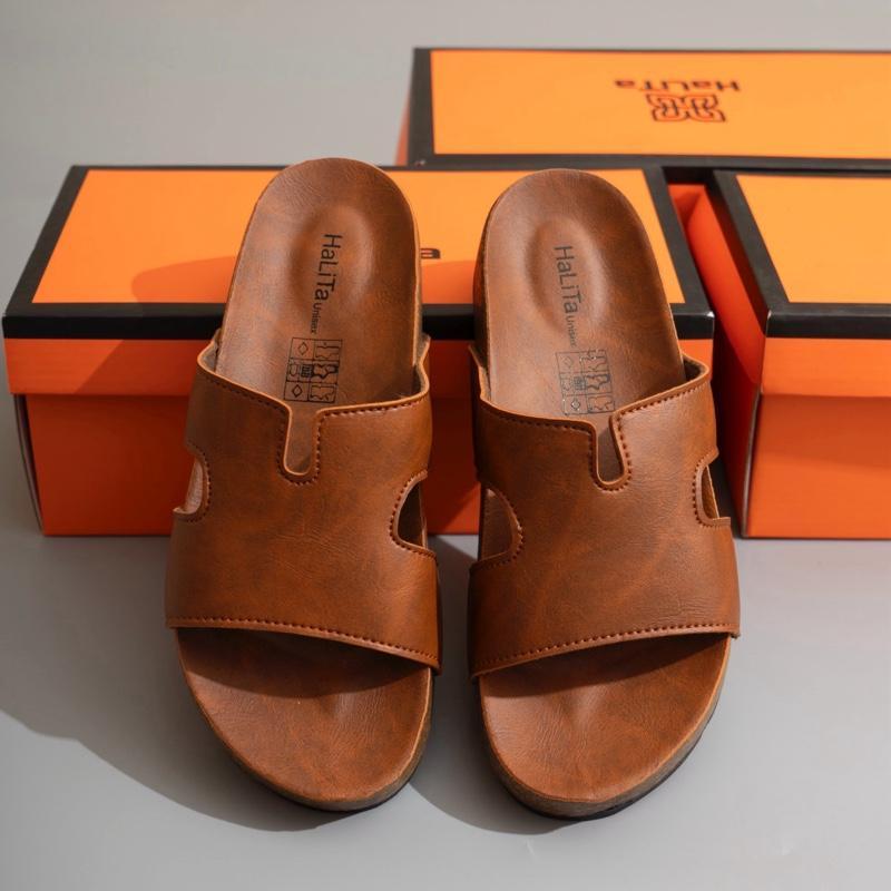 Dép Đế Trấu Chữ K Nâng Cấp HaLiTa Unisex Basic Vintage Đế Bằng Bọc Mặt Da Chống Trơn Giảm Đau Đớn Và Mỏi Chân Phom Bàn C