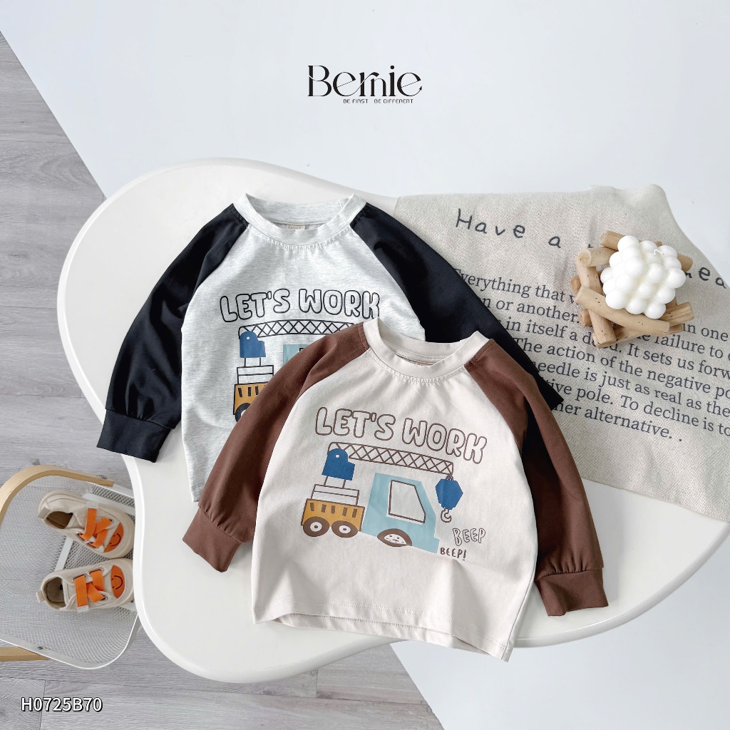 Bộ cotton dài tay Bernie in ô tô Let's Word thiết kế tay áo Raglan phối màu cho bé trai 9-28kg