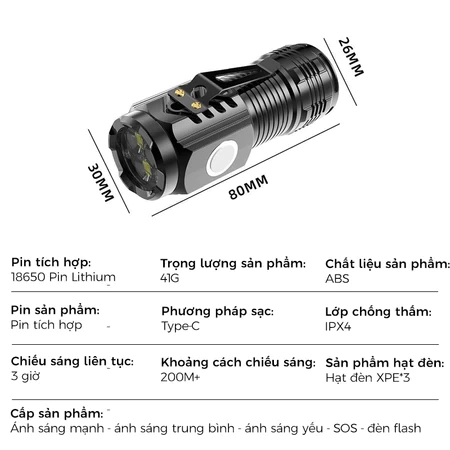 ĐÈN PIN CẦM TAY MINI SIÊU SÁNG, CHIẾU XA 5 CHẾ ĐỘ SÁNG, Sạc Type C Chống Thấm Nước