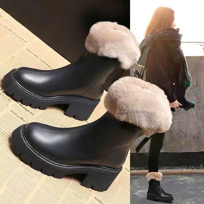 Giày nữ, giày bốt nữ cổ lông đế răng cưa đế 5cm ấm áp
