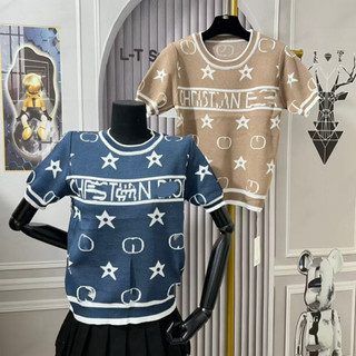 Áo len nữ cộc tay cổ tròn hoạ tiết ngôi sao chữ ngang ngực len mtg free size 819