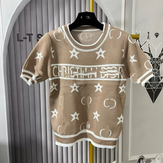 Áo len nữ cộc tay cổ tròn hoạ tiết ngôi sao chữ ngang ngực len mtg free size 819