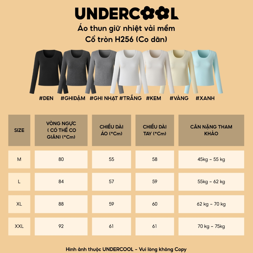 Áo Thun Giữ Nhiệt Nữ Cổ Tròn UNDERCOOL Dài Tay Vải Cotton Mềm Mại Co Giãn 4 Chiều Ôm Body Tôn Dáng Hàn Quốc H256