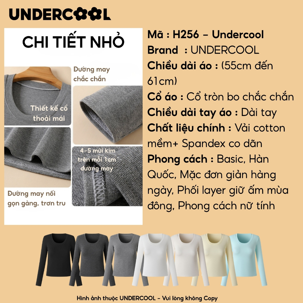 Áo Thun Giữ Nhiệt Nữ Cổ Tròn UNDERCOOL Dài Tay Vải Cotton Mềm Mại Co Giãn 4 Chiều Ôm Body Tôn Dáng Hàn Quốc H256