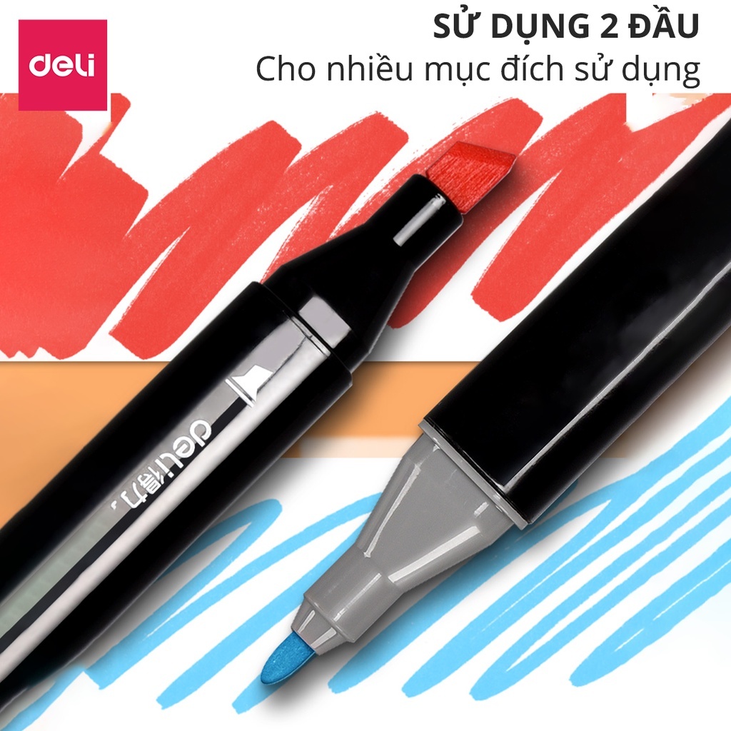 Bút Marker Cồn 2 Đầu Deli Màu Đậm, Dễ Blend, Khô Nhanh Kèm Túi Vải 30/40/60/80 Màu Vẽ Chuyên Nghiệp
