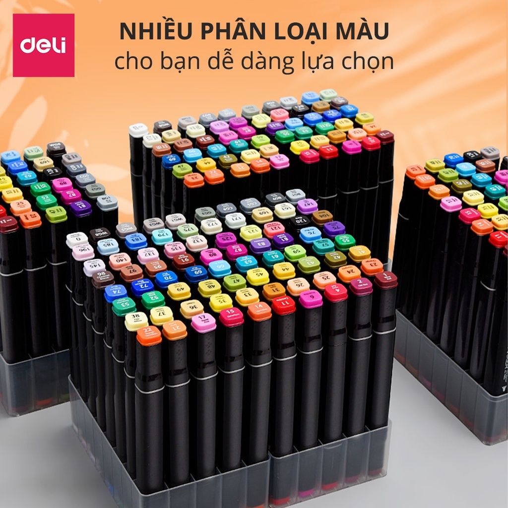 Bút Marker Cồn 2 Đầu Deli Màu Đậm, Dễ Blend, Khô Nhanh Kèm Túi Vải 30/40/60/80 Màu Vẽ Chuyên Nghiệp