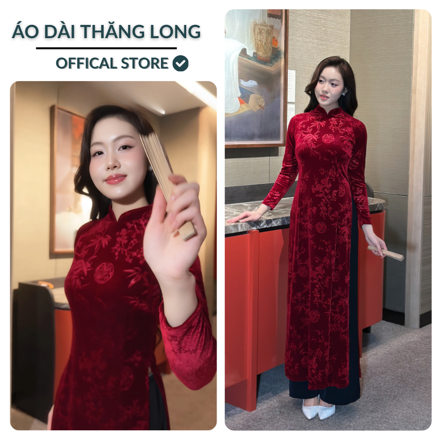 Bộ áo dài nhung in hoa tặng mẹ, vải nhung tuyết cao cấp, dáng truyền thống, tà A, Cổ trụ 2.5cm
