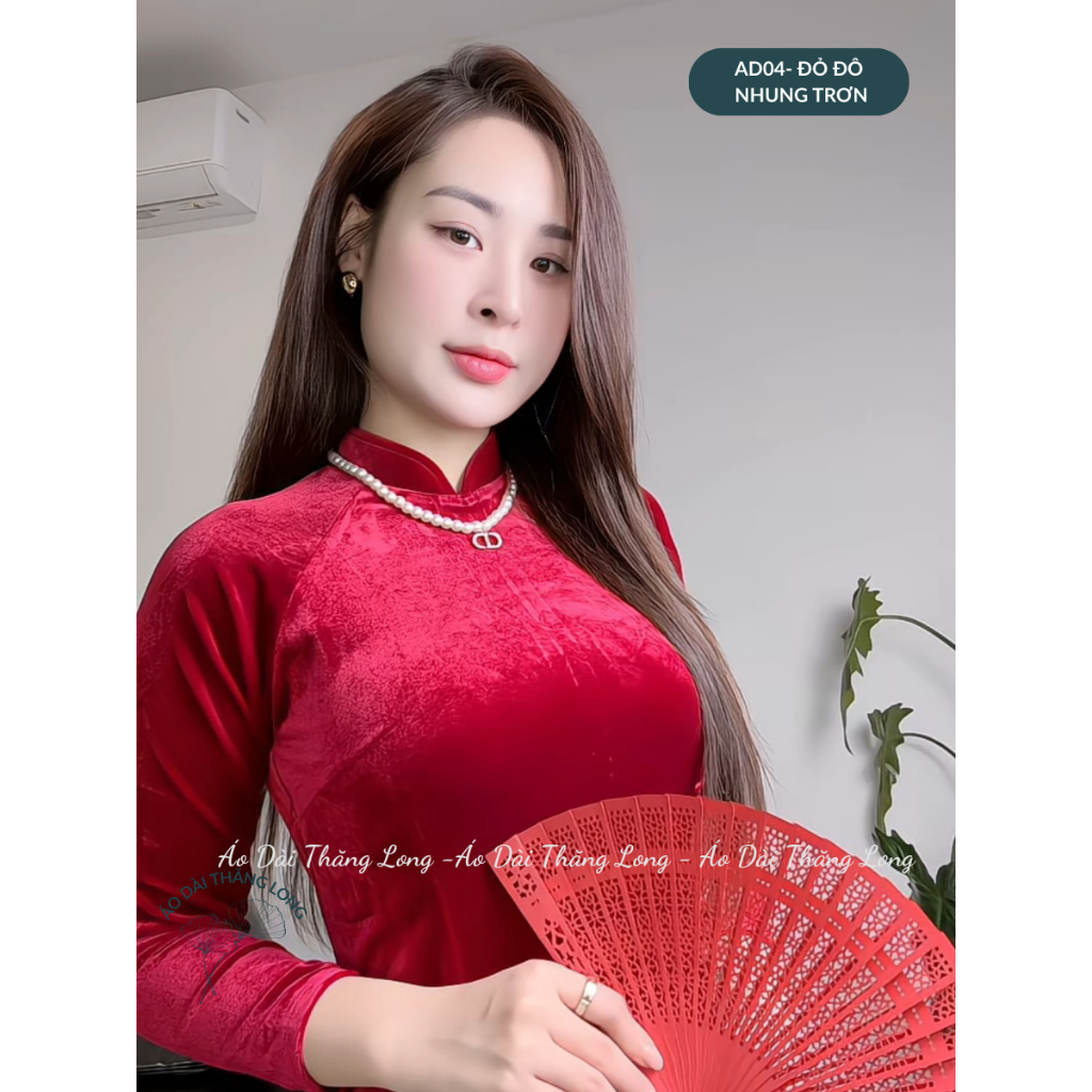 Áo dài nhung dáng suông cổ trụ ,dáng truyền thống mặc dịp tết, đi chơi - Áo Dài Thăng Long