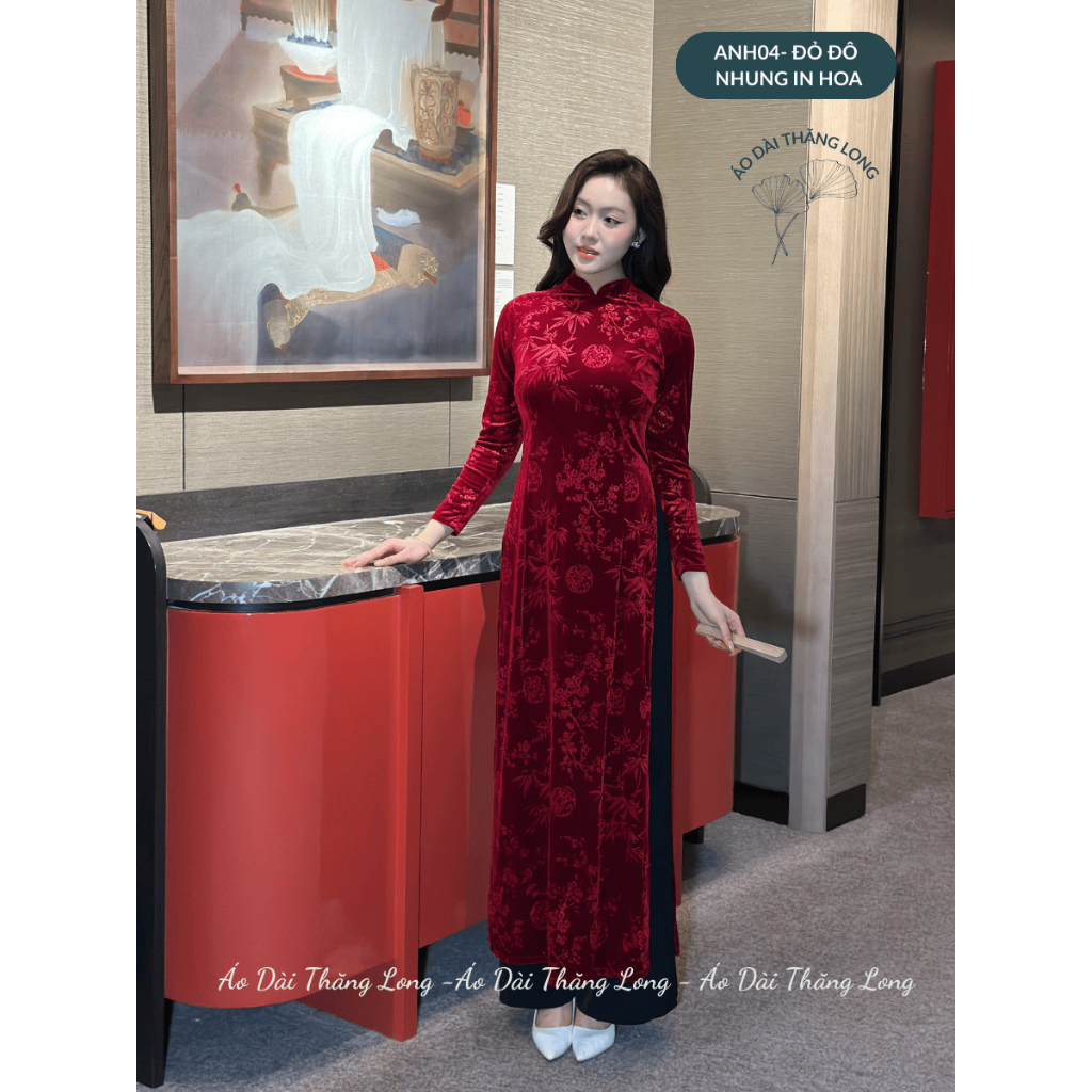 Bộ áo dài nhung in hoa tặng mẹ, vải nhung tuyết cao cấp, dáng truyền thống, tà A, Cổ trụ 2.5cm