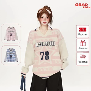 Áo len polo GRADPOPU dệt kim in họa tiết sọc khối màu cổ điển thiết kế rộng rãi cao cấp PAL63