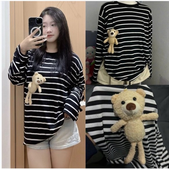 Áo thun dài tay from rộng tặng kèm charm gấu bông chất liệu mềm mịn thoáng mát