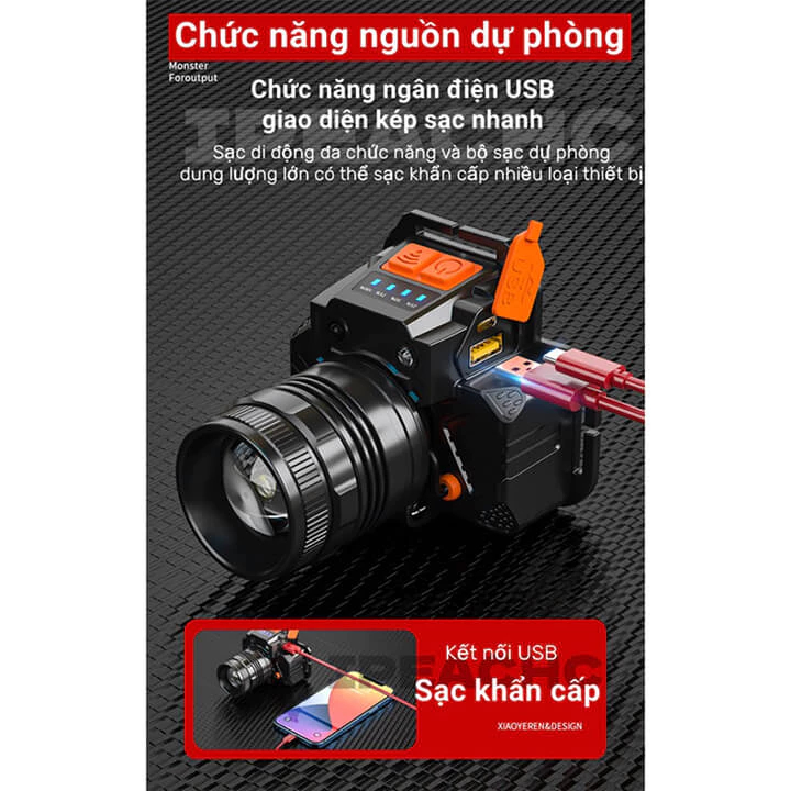 Đèn pin đội đầu một bóng loại đắt ,đèn pin đeo đầu cổng sạc USB chống nước siêu sáng ntt