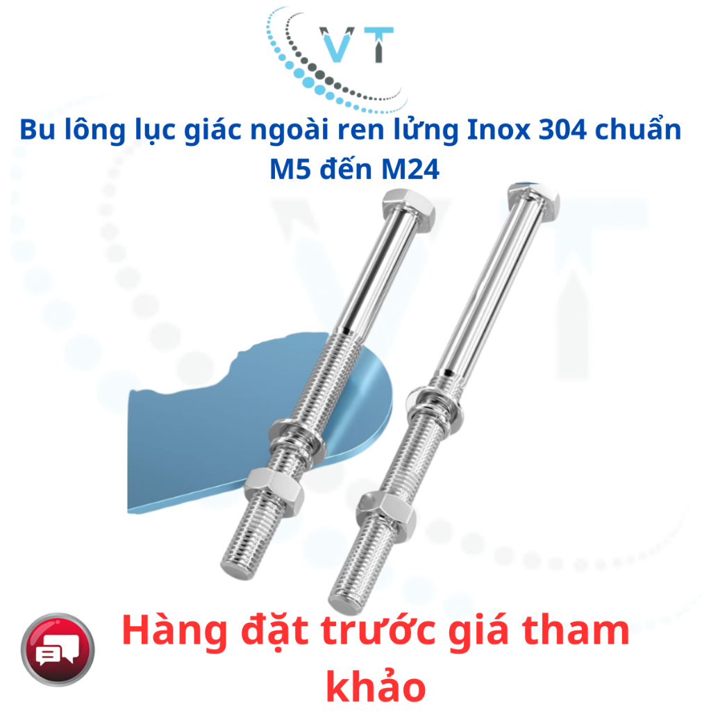 Bu lông lục giác ngoài ren lửng Inox 304 chuẩn  M5 đến M24