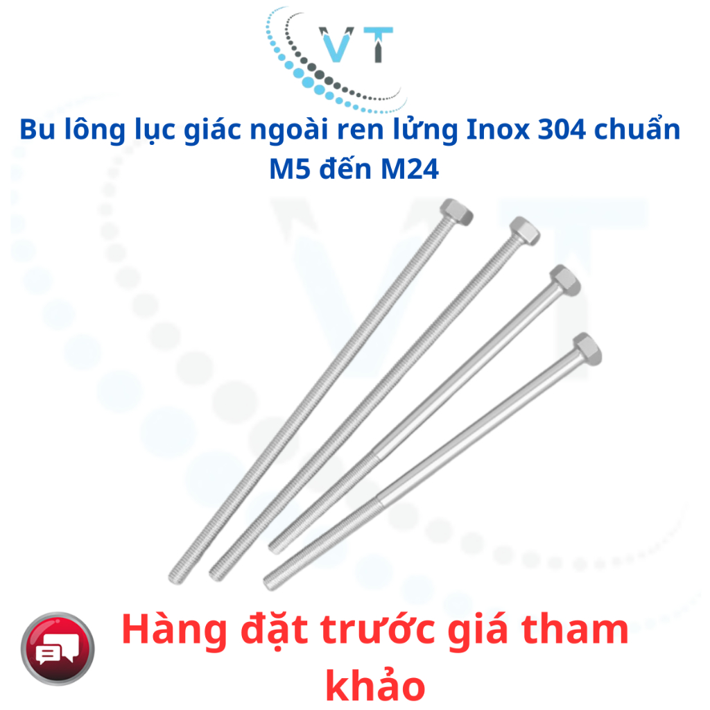 Bu lông lục giác ngoài ren lửng Inox 304 chuẩn  M5 đến M24