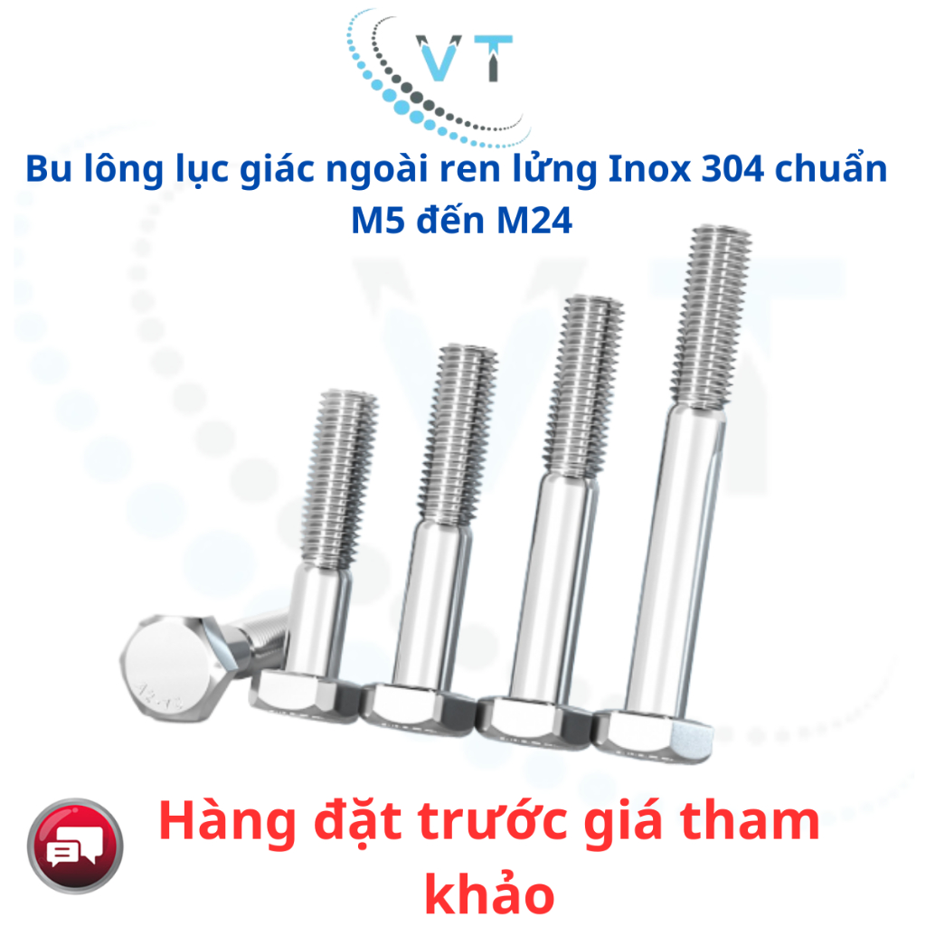 Bu lông lục giác ngoài ren lửng Inox 304 chuẩn  M5 đến M24