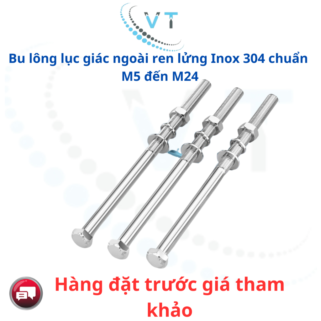 Bu lông lục giác ngoài ren lửng Inox 304 chuẩn  M5 đến M24
