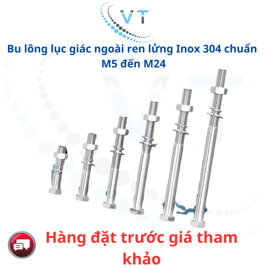 Bu lông lục giác ngoài ren lửng Inox 304 chuẩn  M5 đến M24