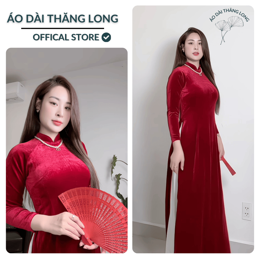Áo dài nhung dáng suông cổ trụ ,dáng truyền thống mặc dịp tết, đi chơi - Áo Dài Thăng Long