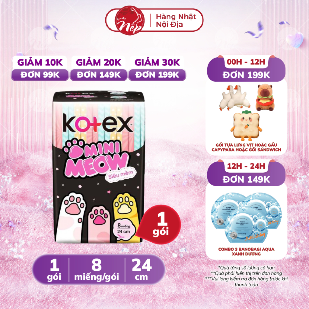 Băng vệ sinh Kotex Mini Meow, siêu mềm mỏng cánh, 24cm 8 miếng - Nepbeauty