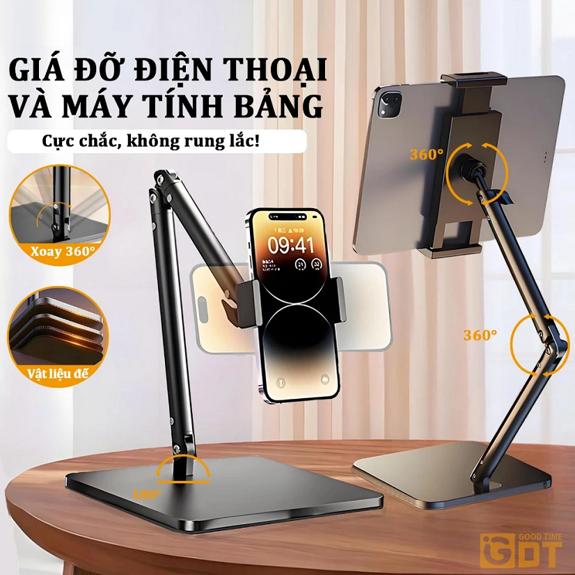 Giá đỡ ipad, điện thoại hợp kim nhôm mẫu xoay 4 chiều 360 độ đa năng, Đế đúc chắc chắn quay video, giải trí chống rung