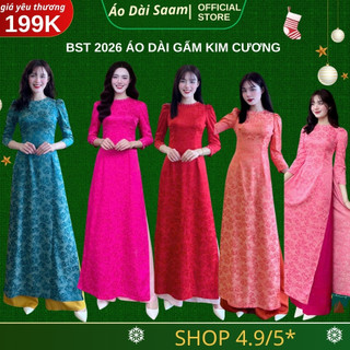Áo dài gấm kim cương 5 màu Saam vai phồng cổ tròn Tà A đính kết thủ công đi dạy, đi tiệc TẾT 2026