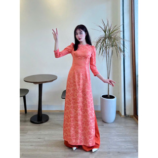 Áo dài gấm kim cương 5 màu Saam vai phồng cổ tròn Tà A đính kết thủ công đi dạy, đi tiệc TẾT 2026