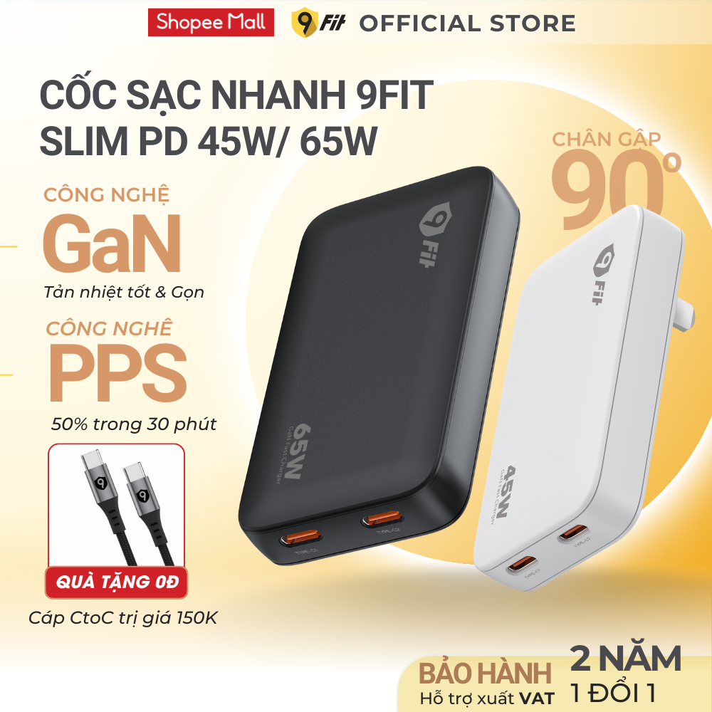 Củ Sạc Nhanh 9Fit Slim GaN 45W/65W 2 Cổng USB-C – Hỗ Trợ PD & PPS, Tản Nhiệt Tốt –Hàng Chính Hãng-BH 24 tháng