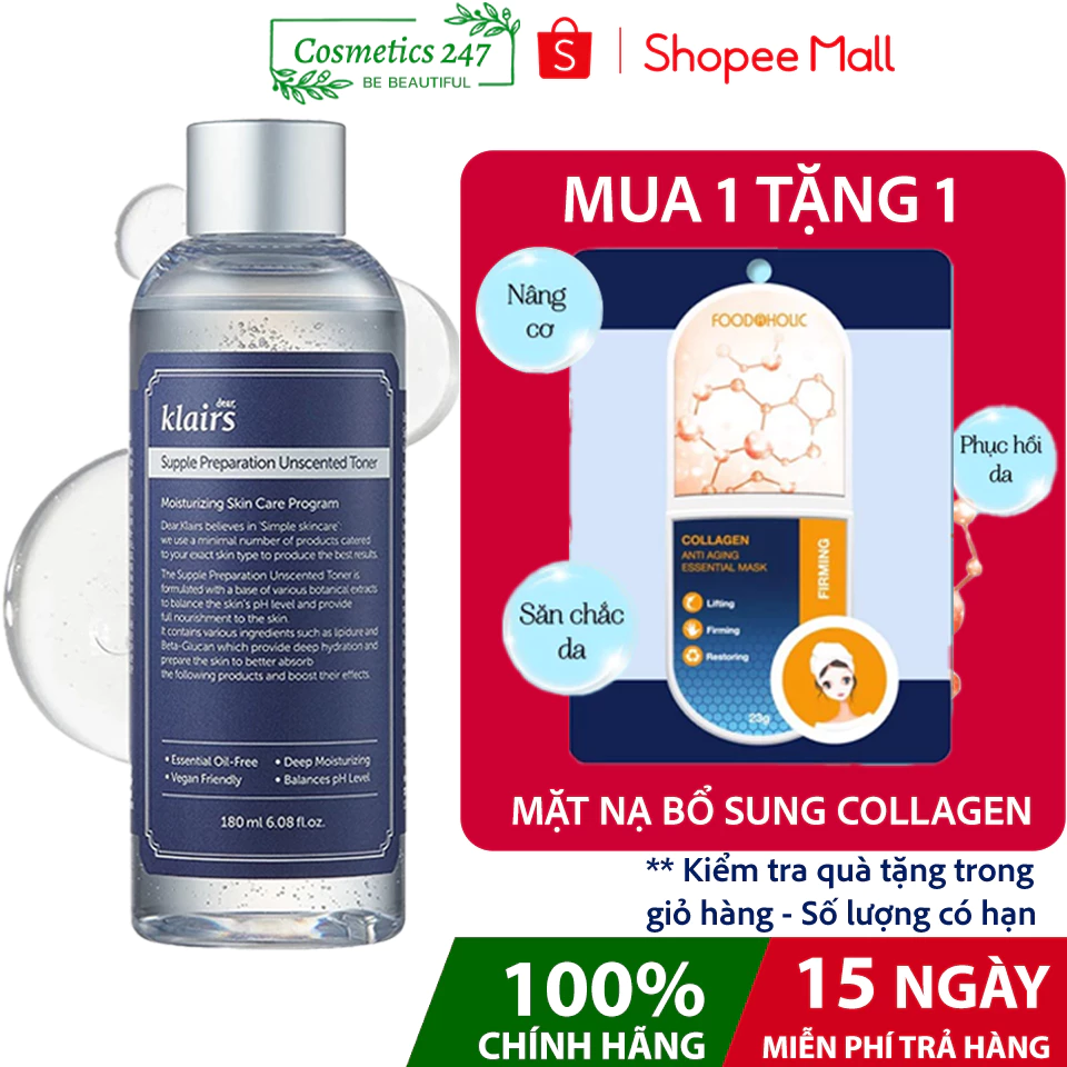 Nước hoa hồng Dear Klairs Supple Preparation Unscented Toner 180ml