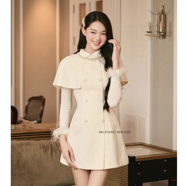 Set 2 món : Váy choàng dạ cúc bọc cộc tay phối cổ viền đá kèm Áo cổ sen tay lông style tiểu thư sang chảnh •MIU.STUDIO
