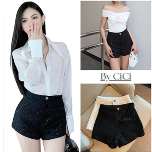 Quần Sooc Dạ Blinh 2 Lớp Phối Nhũ Cạp Cao Tôn Dáng Women