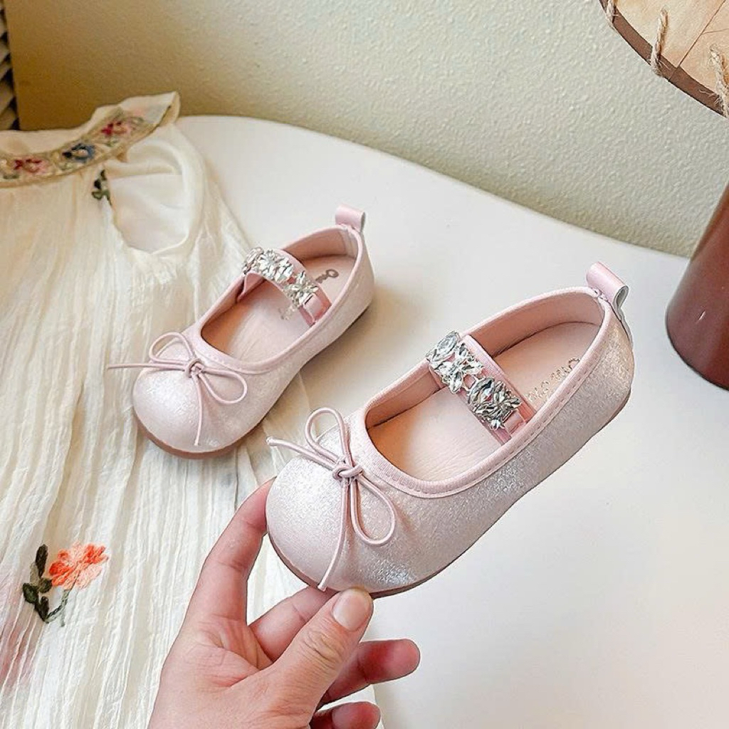(Sẵn 28) Giày búp bê đính nơ nhỏ quai lấp lánh công chúa dành cho bé gái
