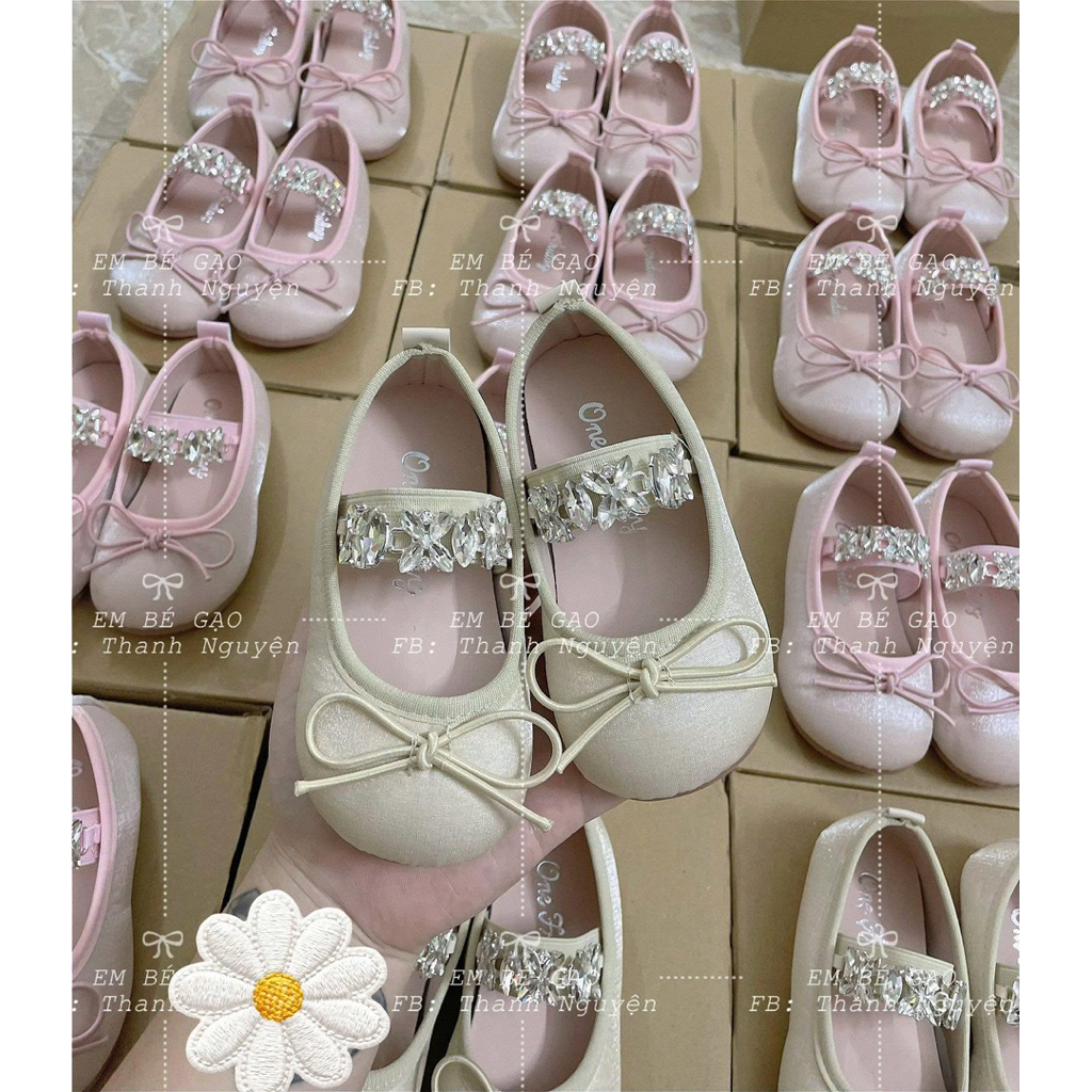 (Sẵn 28) Giày búp bê đính nơ nhỏ quai lấp lánh công chúa dành cho bé gái