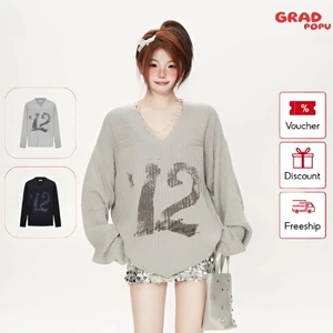 Áo len GRADPOPU dệt kim cổ chữ V in số thiết kế rộng rãi giản dị dễ thương dành cho nữ PAL120